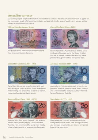 Australian currency
     Our currency depicts people and icons that are important to Australia. The famous Australians chosen to appear on
     our currency are people who have shown initiative and great talent in the areas of social reform, science, politics,
     military accomplishment and the arts.

     Old and New Parliament House                                Queen Elizabeth II (born 1926)




     The $5 note shows both Old Parliament House and             Queen Elizabeth II is Australia’s Head of State. She is
     New Parliament House in Canberra.                           the Queen of Australia and of the United Kingdom
                                                                 and lives in England. She has been a strong, stable
                                                                 presence throughout her long and popular reign.


     Dame Mary Gilmore (1865 – 1962)                             AB ‘Banjo’ Paterson (1864 – 1941)




     Dame Mary Gilmore was an author, journalist, poet           Andrew Barton Paterson was a poet, songwriter and
     and campaigner for social reform. She is remembered         journalist. He wrote under the name ‘Banjo’ Paterson
     for her writing and for speaking on behalf of women,        and is remembered for ‘Waltzing Matilda’, the most
     Indigenous Australians and poor people.                     famous folk song in Australia.


     Reverend John Flynn (1880 – 1951)                           Mary Reibey (1777 – 1855)




     Reverend John Flynn began the world’s first airborne        Mary Reibey was a pioneer businesswoman in the
     medical service, the Royal Flying Doctor Service of         colony of New South Wales. After arriving in Australia
     Australia. He is remembered for saving many lives by        as a teenaged convict settler, she became a respected
     bringing health services to remote areas of Australia.      leader in the community.




48     Australian Citizenship: Our Common Bond
 