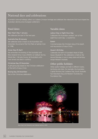 National days and celebrations
     Australia’s national holidays reflect our Judaeo-Christian heritage and celebrate the milestones that have shaped the
     Australian identity since European settlement.



     Fixed dates                                                         Variable dates
     New Year’s Day 1 January                                            Labour Day or Eight Hour Day
     We celebrate the start of the new year.                             Celebrates the Australian workers’ win of the
                                                                         eight-hour work day – a world first.
     Australia Day 26 January
     We celebrate what it means to be Australian and                     Easter
     remember the arrival of the First Fleet at Sydney Cove              Commemorates the Christian story of the death
     in 1788.                                                            and resurrection of Jesus Christ.

     Anzac Day 25 April                                                  Queen’s Birthday
     We remember the landing of the Australian and                       Celebrates the birth of Australia’s Head of State,
     New Zealand Army Corps (ANZAC) at Gallipoli during                  Queen Elizabeth II. This celebration is held on the
     World War I. We also honour all Australians who                     second Monday in June in every state and territory
     have served and died in conflicts.                                  except Western Australia.

     Christmas Day 25 December
                                                                         Other public holidays
     A gift-giving day based on the Christian celebration
                                                                         Other public holidays are held in different states,
     of the birth of Jesus Christ.
                                                                         territories and cities. For example, the Australian
     Boxing Day 26 December                                              Capital Territory has Canberra Day, South Australia
     Part of the Christmas celebration.                                  has Volunteers Day and Western Australia has
                                                                         Foundation Day.




                     New Year’s Eve fireworks over Sydney Harbour 2005




50     Australian Citizenship: Our Common Bond
 