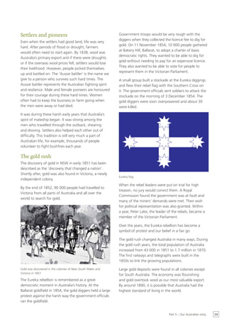 Settlers and pioneers                                        Government troops would be very rough with the
                                                             diggers when they collected the licence fee to dig for
Even when the settlers had good land, life was very
                                                             gold. On 11 November 1854, 10 000 people gathered
hard. After periods of flood or drought, farmers
                                                             at Bakery Hill, Ballarat, to adopt a charter of basic
would often need to start again. By 1838, wool was
                                                             democratic rights. They wanted to be able to dig for
Australia’s primary export and if there were droughts
                                                             gold without needing to pay for an expensive licence.
or if the overseas wool prices fell, settlers would lose
                                                             They also wanted to be able to vote for people to
their livelihood. However, people picked themselves
                                                             represent them in the Victorian Parliament.
up and battled on. The ‘Aussie battler’ is the name we
give to a person who survives such hard times. The           A small group built a stockade at the Eureka diggings
Aussie battler represents the Australian fighting spirit     and flew their rebel flag with the Southern Cross on
and resilience. Male and female pioneers are honoured        it. The government officials sent soldiers to attack the
for their courage during these hard times. Women             stockade on the morning of 3 December 1854. The
often had to keep the business or farm going when            gold diggers were soon overpowered and about 30
the men were away or had died.                               were killed.
It was during these harsh early years that Australia’s
spirit of mateship began. It was strong among the
men who travelled through the outback, shearing
and droving. Settlers also helped each other out of
difficulty. This tradition is still very much a part of
Australian life, for example, thousands of people
volunteer to fight bushfires each year.

The gold rush
The discovery of gold in NSW in early 1851 has been
described as the ‘discovery that changed a nation’.
Shortly after, gold was also found in Victoria, a newly
                                                             Eureka flag
independent colony.
                                                             When the rebel leaders were put on trial for high
By the end of 1852, 90 000 people had travelled to
                                                             treason, no jury would convict them. A Royal
Victoria from all parts of Australia and all over the
                                                             Commission found the government was at fault and
world to search for gold.
                                                             many of the miners’ demands were met. Their wish
                                                             for political representation was also granted. Within
                                                             a year, Peter Lalor, the leader of the rebels, became a
                                                             member of the Victorian Parliament.

                                                             Over the years, the Eureka rebellion has become a
                                                             symbol of protest and our belief in a fair go.

                                                             The gold rush changed Australia in many ways. During
                                                             the gold rush years, the total population of Australia
                                                             increased from 43 000 in 1851 to 1.7 million in 1870.
                                                             The first railways and telegraphs were built in the
                                                             1850s to link the growing populations.

Gold was discovered in the colonies of New South Wales and   Large gold deposits were found in all colonies except
Victoria in 1851
                                                             for South Australia. The economy was flourishing
The Eureka rebellion is remembered as a great                and gold overtook wool as our most valuable export.
democratic moment in Australia’s history. At the             By around 1890, it is possible that Australia had the
Ballarat goldfield in 1854, the gold diggers held a large    highest standard of living in the world.
protest against the harsh way the government officials
ran the goldfield.


                                                                                             Part 5 – Our Australian story   59
 