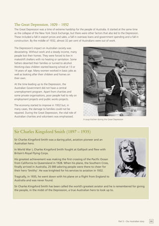 The Great Depression, 1929 – 1932
The Great Depression was a time of extreme hardship for the people of Australia. It started at the same time
as the collapse of the New York Stock Exchange, but there were other factors that also led to the Depression.
These included a fall in export prices and sales, a fall in overseas loans and government spending and a fall in
construction. By the middle of 1932, almost 32 per cent of Australians were out of work.

The Depression’s impact on Australian society was
devastating. Without work and a steady income, many
people lost their homes. They were forced to live in
makeshift shelters with no heating or sanitation. Some
fathers deserted their families or turned to alcohol.
Working-class children started leaving school at 13 or
14 years of age. Many women worked in basic jobs as
well as looking after their children and homes on
their own.

At the time leading up to the Depression, the
Australian Government did not have a central
unemployment program. Apart from charities and
some private organisations, poor people had to rely on
employment projects and public works projects.

The economy started to improve in 1932 but, in
many cases, the damage to families could not be
repaired. During the Great Depression, the vital role of
Australian charities and volunteers was emphasised.
                                                              A soup kitchen during the Great Depression




Sir Charles Kingsford Smith (1897 – 1935)
Sir Charles Kingsford Smith was a daring pilot, aviation pioneer and an
Australian hero.

In World War I, Charles Kingsford Smith fought at Gallipoli and flew with
Britain’s Royal Flying Corps.

His greatest achievement was making the first crossing of the Pacific Ocean
from California to Queensland in 1928. When his plane, the Southern Cross,
finally arrived in Australia, 25 000 adoring people were there to cheer for
their hero ‘Smithy’. He was knighted for his services to aviation in 1932.

Tragically, in 1935, he went down with his plane on a flight from England to
Australia and was never found.

Sir Charles Kingsford Smith has been called the world’s greatest aviator and he is remembered for giving
the people, in the midst of the Depression, a true Australian hero to look up to.




                                                                                                  Part 5 – Our Australian story   65
 