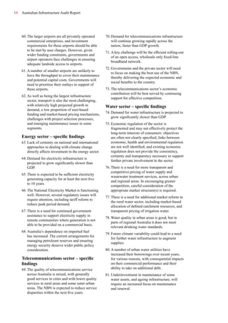10 Australian Infrastructure Audit Report
60.	The larger airports are all privately operated
commercial enterprises, and investment
requirements for these airports should be able
to be met by user charges. However, given
wider funding constraints, governments and
airport operators face challenges in ensuring
adequate landside access to airports.
61.	A number of smaller airports are unlikely to
have the throughput to cover their maintenance
and potential capital costs. Governments will
need to prioritise their outlays in support of
these airports.
62.	As well as being the largest infrastructure
sector, transport is also the most challenging,
with relatively high projected growth in
demand, a low proportion of user-based
funding and market-based pricing mechanisms,
challenges with project selection processes,
and emerging maintenance issues in some
segments.
Energy sector – specific findings
63.	Lack of certainty on national and international
approaches to dealing with climate change
directly affects investment in the energy sector.
64.	Demand for electricity infrastructure is
projected to grow significantly slower than
GDP.
65.	There is expected to be sufficient electricity
generating capacity for at least the next five
to 10 years.
66.	The National Electricity Market is functioning
well. However, several regulatory issues will
require attention, including tariff reform to
reduce peak period demand.
67.	There is a need for continued government
assistance to support electricity supply in
remote communities where generation is not
able to be provided on a commercial basis.
68.	Australia’s dependence on imported fuel
has increased. The current arrangements for
managing petroleum reserves and ensuring
energy security deserve wider public policy
consideration.
Telecommunications sector – specific
findings
69.	The quality of telecommunications service
across Australia is mixed, with generally
good services in cities and with lower quality
services in rural areas and some outer urban
areas. The NBN is expected to reduce service
disparities within the next five years.
70.	Demand for telecommunications infrastructure
will continue growing rapidly across the
nation, faster than GDP growth.
71.	A key challenge will be the efficient rolling-out
of an open access, wholesale only fixed-line
broadband network.
72.	Governments and the private sector will need
to focus on making the best use of the NBN,
thereby delivering the expected economic and
social benefits to the country.
73.	The telecommunications sector’s economic
contribution will be best served by continuing
support for effective competition.
Water sector – specific findings
74.	Demand for water infrastructure is projected to
grow significantly slower than GDP.
75.	Economic regulation of the sector is
fragmented and may not effectively protect the
long-term interests of consumers: objectives
are often not clearly specified; links between
economic, health and environmental regulation
are not well identified; and existing economic
regulation does not provide the consistency,
certainty and transparency necessary to support
further private involvement in the sector.
76.	There is a need for more transparent and
competitive pricing of water supply and
wastewater treatment services, across urban
and regional areas. In encouraging greater
competition, careful consideration of the
appropriate market structure(s) is required.
77.	There is a need for additional market reform in
the rural water sector, including market-based
allocation of defined catchment resources, and
transparent pricing of irrigation water.
78.	Water quality in urban areas is good, but in
parts of regional Australia it does not meet
relevant drinking water standards.
79.	Future climate variability could lead to a need
for further water infrastructure to augment
supplies.
80.	A number of urban water utilities have
increased their borrowings over recent years,
for various reasons, with consequential impacts
on their commercial performance and their
ability to take on additional debt.
81.	Underinvestment in maintenance of some
water assets, and ageing infrastructure, will
require an increased focus on maintenance
and renewal.
 
