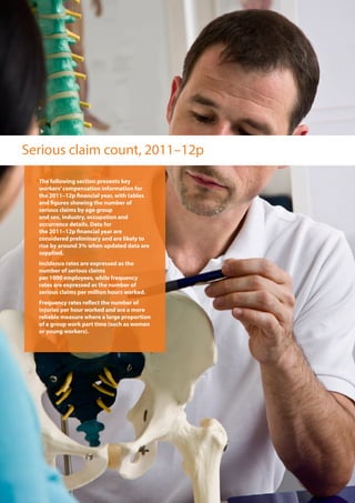 Serious claim count, 2011–12p
The following section presents key
workers’compensation information for
the 2011–12p financial year, with tables
and figures showing the number of
serious claims by age group
and sex, industry, occupation and
occurrence details. Data for
the 2011–12p financial year are
considered preliminary and are likely to
rise by around 3% when updated data are
supplied.
Incidence rates are expressed as the
number of serious claims
per 1000 employees, while frequency
rates are expressed as the number of
serious claims per million hours worked.
Frequency rates reflect the number of
injuries per hour worked and are a more
reliable measure where a large proportion
of a group work part time (such as women
or young workers).
 