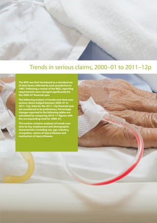 Trends in serious claims, 2000–01 to 2011–12p
The NDS was first introduced as a standard set
of data items collected by each jurisdiction in
1987. Following a review of the NDS, reporting
requirements were changed significantly for
the 2000–01 financial year.
The following analysis of trends over time uses
serious claims lodged between 2000–01 to
2011–12p. Data for the 2011–12p financial year
are considered to be preliminary. Percentage
changes reported in the following tables are
calculated by comparing 2010–11 figures with
the corresponding total for 2000–01.
This section contains analyses of trends over
time by key employment and demographic
characteristics including sex, age, industry,
occupation, nature of injury/disease and
mechanism of injury/disease.
 