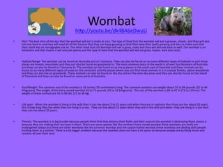 Wombat
• Diet: The best time of the day that the wombat will eat is really at nice. The type of food that the wombat will eat is grasses, shoots, and they will also
eat tree bark to and they will need all of this food so that they can keep growing so that they keep their teeth growing and also to make sure that
their teeth has an manageable size to. The other food that the Wombat will eat is grass, roots and they will also eat bark as well. The wombat is an
herbivore and that means it will only eat plants and the type of food that the wombat will eat are grass, leaves, bark and roots.
• Habitat/Range: The wombat can be found on Australia and on Tasmania. They can also be found on so many different types of habitats to and those
places are forests, mountains and they can also be found on grasslands to. The most common place in the world is all over Southeastern of Australia
and they can also be found on Tasmania to. The wombat can be found on so many places in the south east of Australia and these animals can be
found on so many different types of areas on this continent and the places where you can find these animals in is in coastal forests, alpine woodlands
and they can also live on grasslands. These animals can also be found on the dry and on the semi-dry areas and they can also be found on the island
of Tasmania and they can also be found on some parts of Australia.
• Size/Weight: The common size of the wombat is 30 inches (76 centimeters) long. The common wombat can weight about 55 to 88 pounds (25 to 40
kilograms). The weight of the hairy-nosed wombat 42 to 71 pounds (19 to 32 kilograms). The size of the wombat is 28 to 47 in (71 to 119 cm). The
weight of these animals are 32 to 80 lbs. (15 to 36 kg).
• Life span: When the wombat is living in the wild then it can live about 5 to 15 years and when they are in captivity then they can live about 20 years
this is how long they live when they are living in a zoo. They can live about 15 years when they are in the wild and when they are living in a zoo then
they can live about 20 years.
• Threats: The wombat is in big trouble because people think that they destroy their fields and their pasture the wombat is destroying these places is
because they are making their burrows in them. There are some species like the northern hairy-nosed wombat these wombats are really are
endangered todays but there are other wombats like the common wombat and the coarse-haired wombat these wombats are dealing with people
hunting them as a vermin. There is a lot bigger problem because the wombat does not have a lot space on because people are building farms and
ranches all over their land.
http://youtu.be/dk4BA6eDwuU
 