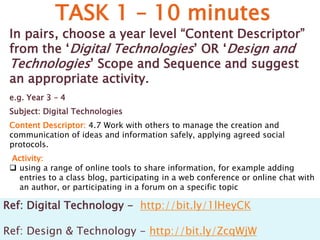 TASK 1 – 10 minutes 
In pairs, choose a year level “Content Descriptor” 
from the ‘Digital Technologies’ OR ‘Design and 
Technologies’ Scope and Sequence and suggest 
an appropriate activity. 
e.g. Year 3 – 4 
Subject: Digital Technologies 
Content Descriptor: 4.7 Work with others to manage the creation and 
communication of ideas and information safely, applying agreed social 
protocols. 
Activity: 
 using a range of online tools to share information, for example adding 
entries to a class blog, participating in a web conference or online chat with 
an author, or participating in a forum on a specific topic 
Ref: Digital Technology - http://bit.ly/1lHeyCK 
Ref: Design & Technology - http://bit.ly/ZcqWjW 
 