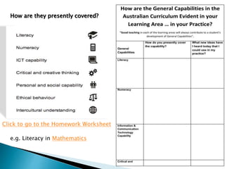 How are they presently covered? 
Click to go to the Homework Worksheet 
e.g. Literacy in Mathematics 
 