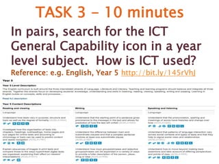 TASK 3 - 10 minutes 
In pairs, search for the ICT 
General Capability icon in a year 
level subject. How is ICT used? 
Reference: e.g. English, Year 5 http://bit.ly/145rVhJ 
 