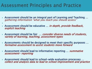  Assessment should be an integral part of Learning and Teaching … 
gathering information “what you teach you should assess” 
 
 Assessment should be educative … in depth, provide feedback, 
explicit teaching 
 Assessment should be fair … consider diverse needs of students, 
variety of learning, teaching, assessment types 
 Assessments should be designed to meet their specific purposes … 
formative assessment to assist students move forward 
 Assessment should lead to informative reporting … summative 
assessment- reporting 
 Assessment should lead to school-wide evaluation processes … 
collect and analysis data to lead to school improvement and practice 
 