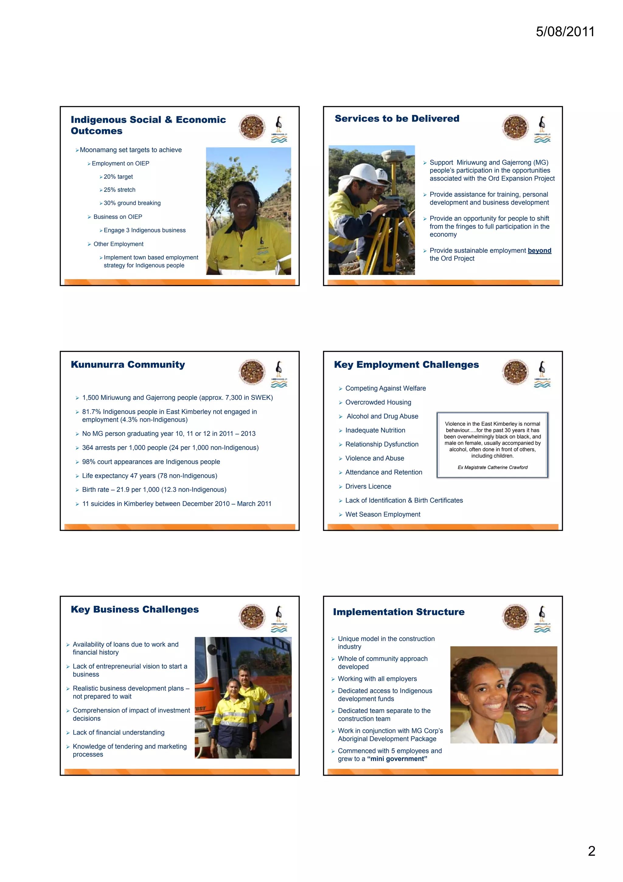 5/08/2011




    Indigenous Social & Economic                                       Services to be Delivered
    Outcomes
     Moonamang      set targets to achieve

          Employment   on OIEP                                                                               Support Miriuwung and Gajerrong (MG)
                                                                                                               people’s participation in the opportunities
              20%   target                                                                                    associated with the Ord Expansion Project
              25%   stretch
                                                                                                              Provide assistance for training, personal
              30%   ground breaking                                                                           development and business development

          Business on OIEP                                                                                   Provide an opportunity for people to shift
                                                                                                               from the fringes to full participation in the
              Engage   3 Indigenous business
                                                                                                               economy
          Other Employment
                                                                                                              Provide sustainable employment beyond
              Implement   town based employment                                                               the Ord Project
               strategy for Indigenous people




    Kununurra Community                                                Key Employment Challenges

                                                                              Competing Against Welfare
       1,500 Miriuwung and Gajerrong people (approx. 7,300 in SWEK)
                                                                              Overcrowded Housing
       81.7% Indigenous people in East Kimberley not engaged in
                                                                              Alcohol and Drug Abuse
        employment (4.3% non-Indigenous)
                                                                                                                    Violence in the East Kimberley is normal
                                                                              Inadequate Nutrition                  behaviour.....for the past 30 years it has
       No MG person graduating year 10, 11 or 12 in 2011 – 2013                                                    been overwhelmingly black on black, and
                                                                              Relationship Dysfunction             male on female, usually accompanied by
       364 arrests per 1,000 people (24 per 1,000 non-Indigenous)                                                    alcohol, often done in front of others,
                                                                                                                                including children.
                                                                              Violence and Abuse
       98% court appearances are Indigenous people
                                                                                                                          Ex Magistrate Catherine Crawford
                                                                              Attendance and Retention
       Life expectancy 47 years (78 non-Indigenous)
                                                                              Drivers Licence
       Birth rate – 21.9 per 1,000 (12.3 non-Indigenous)
                                                                              Lack of Identification & Birth Certificates
       11 suicides in Kimberley between December 2010 – March 2011
                                                                              Wet Season Employment




    Key Business Challenges                                            Implementation Structure

                                                                          Unique model in the construction
   Availability of loans due to work and                                  industry
    financial history
                                                                          Whole of community approach
   Lack of entrepreneurial vision to start a                              developed
    business
                                                                          Working with all employers
   Realistic business development plans –                                Dedicated access to Indigenous
    not prepared to wait                                                   development funds
   Comprehension of impact of investment                                 Dedicated team separate to the
    decisions                                                              construction team

   Lack of financial understanding                                       Work in conjunction with MG Corp’s
                                                                           Aboriginal Development Package
   Knowledge of tendering and marketing
                                                                          Commenced with 5 employees and
    processes
                                                                           grew to a “mini government”




                                                                                                                                                                    2
 