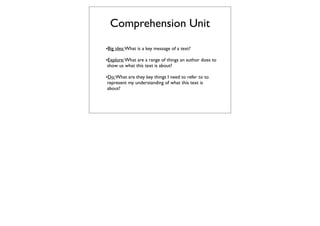 Comprehension Unit
•Big idea: What is a key message of a text?

•Explore: What are a range of things an author does to
 show us what this text is about?

•Do: What are they key things I need to refer to to
 represent my understanding of what this text is
 about?
 