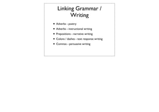 Linking Grammar /
         Writing
• Adverbs - poetry
• Adverbs - instructional writing
• Prepositions - narrative writing
• Colons / dashes - text response writing
• Commas - persuasive writing
 
