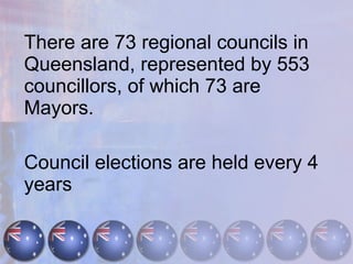 Regional councils are largely responsible for community needs such as: Waste/Rubbish collection Public Recreational facilities (pools, parks etc.) Town Planning 