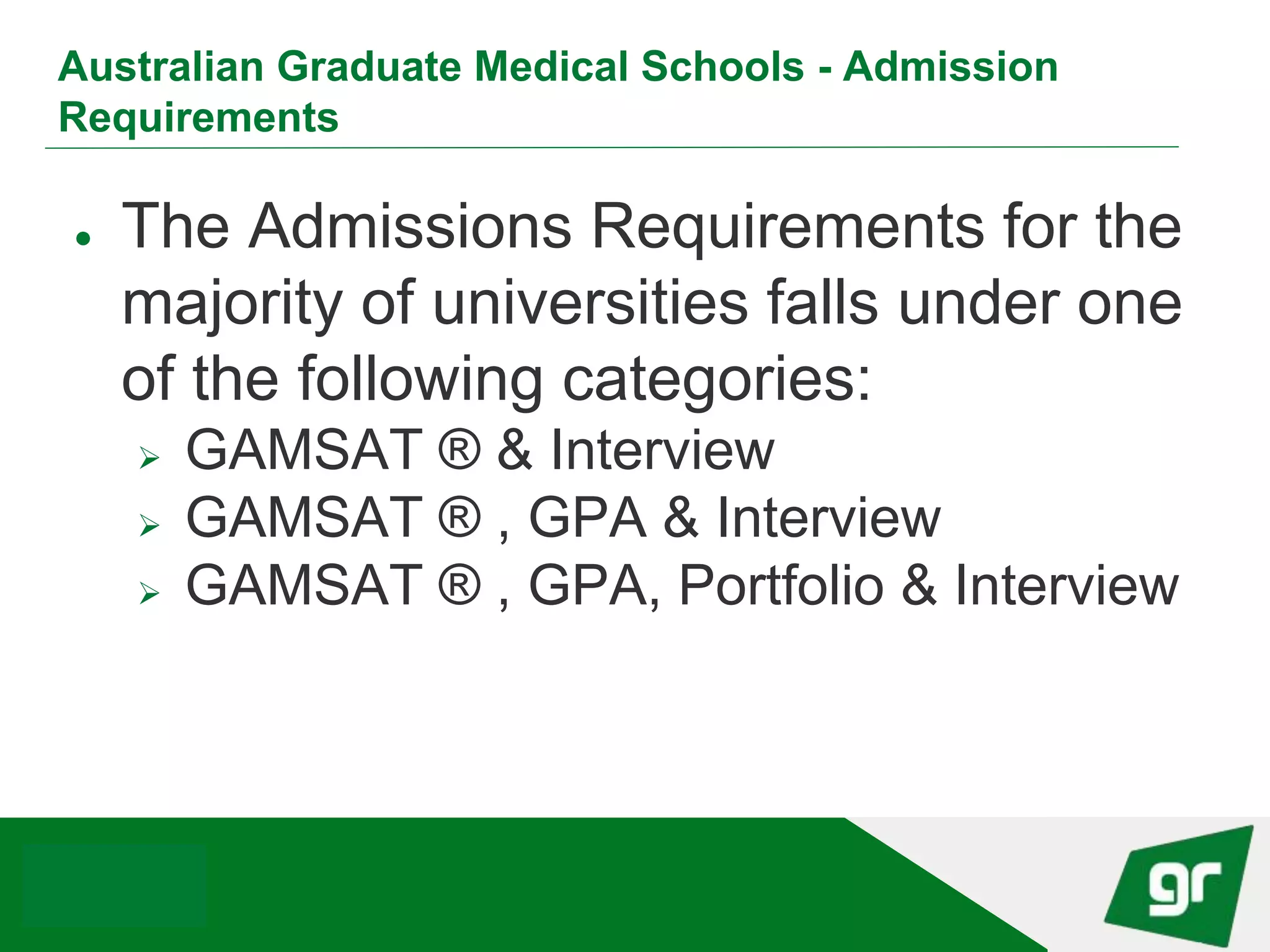 Australian Graduate Medical Schools Admission Requirements PPT