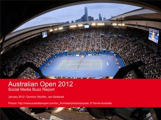 Australian Open 2012
Social Media Buzz Report
January 2012 / Dominic Stöcklin, Jan Sedlacek

Picture: http://www.australianopen.com/en_AU/news/photos/popular, © Tennis Australia
 