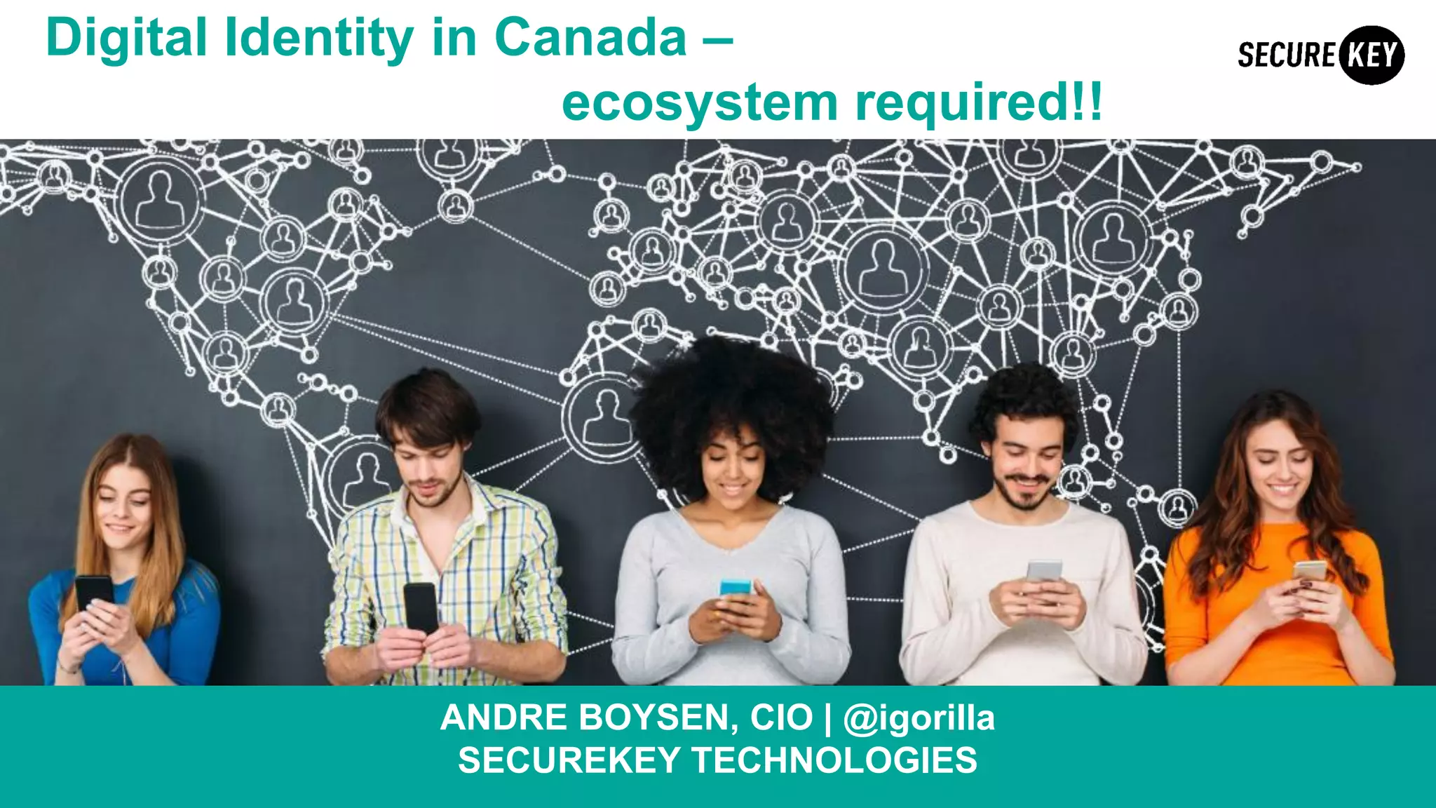 42©SecureKey Technologies Inc. All rights reserved. Proprietary and Confidential.
Digital Identity in Canada –
ecosystem required!!
ANDRE BOYSEN, CIO | @igorilla
SECUREKEY TECHNOLOGIES
 