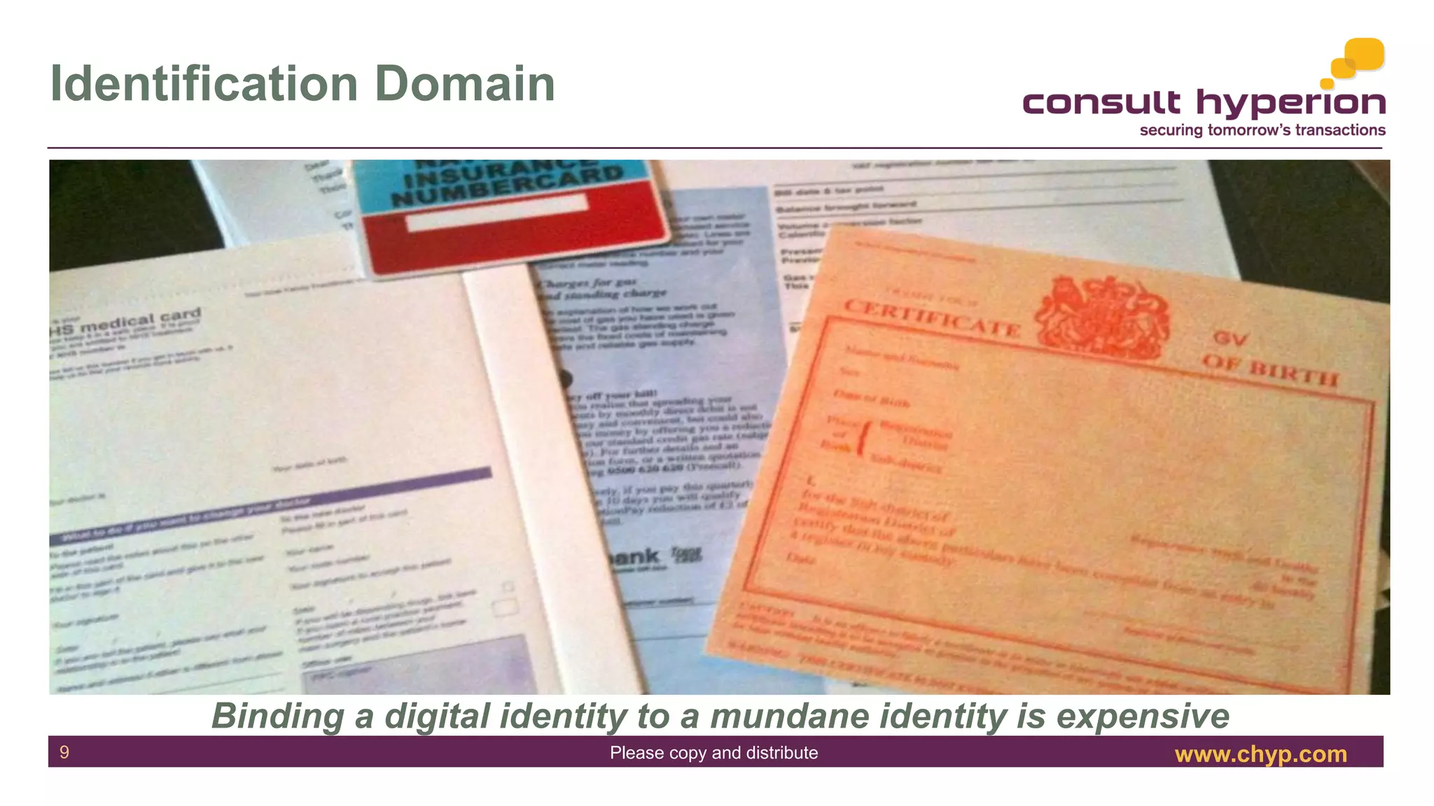 www.chyp.comPlease copy and distribute
Identification Domain
Binding a digital identity to a mundane identity is expensive
9
 