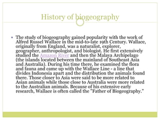 History of biogeography
 The study of biogeography gained popularity with the work of
Alfred Russel Wallace in the mid-to-late 19th Century. Wallace,
originally from England, was a naturalist, explorer,
geographer, anthropologist, and biologist. He first extensively
studied the Amazon River and then the Malaya Archipelago
(the islands located between the mainland of Southeast Asia
and Australia). During his time there, he examined the flora
and fauna and came up with the Wallace Line - a line that
divides Indonesia apart and the distribution the animals found
there. Those closer to Asia were said to be more related to
Asian animals while those close to Australia were more related
to the Australian animals. Because of his extensive early
research, Wallace is often called the "Father of Biogeography."
 
