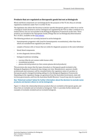 Therapeutic Goods Administration

Blood and blood components are not biologicals for the purposes of the TG Act; they are already
regulated as medicines under Part 3-2 of the TG Act.

Products that are regulated as therapeutic goods but not as biologicals

The legislation also allows the Secretary to declare specific therapeutic goods to either be or not be
a biological. Goods declared to not be a biological are regulated by the TGA as either a medicine or a
medical device, but are not included in the Biologicals Regulatory Framework at this time. These
products are included in the Therapeutic Goods (Things that are not Biologicals) Determination
No.1 of 2011, available on the TGA website.
The following products are currently declared to not be biologicals:
·
·
·
·
·

haematopoietic progenitor cells (used for haematopoietic reconstitution), other than those
which are excluded from regulation (see above);

samples of human cells or tissues that are solely for diagnostic purposes in the same individual

blood, blood components

in-vitro diagnostic devices (IVDs)

biological medicines including

– vaccines (that do not contain viable human cells)
– recombinant products
– plasma-derived products (or that contain plasma-derived products)

This provision also means that the types of products or therapeutic goods included in the
Biologicals Regulatory Framework may change over time. Manufacturers, sponsors, health
professionals and consumers will be consulted before the regulatory status of a product or
therapeutic good is changed (including adding it to the Biologicals Regulatory Framework).
Depending on the regulatory change, an agreement from the Australian Government, state and
territory governments, and from the Australian Health Ministers’ Council may also be required.

See ‘Historical context’ below for further information about the decision to exclude some
products and declare others to not be biologicals
Figure 1.1 shows the relationship between products that are excluded as therapeutic goods, and
those that are included and not included as biologicals. Table 1.1 provides further details and
examples of excluded, included and not included biologicals.

Australian Regulatory Guidelines for Biologicals
Part 1, Section 1.1 Overview
V1.0 June 2011

Page 20 of 45

 