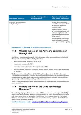 Therapeutic Goods Administration

Regulated as biologicals

Procedure packs containing
multiple biologicals

Excluded from regulation as
therapeutic goods

Regulated as therapeutic
goods but not as biologicals

Medical devices containing
material of animal, microbial or
recombinant (genetically
modified) origin
In vitro diagnostic devices
(IVDs) containing human cells
or tissues (e.g. human cell
culture-based viral diagnostic
IVD products)

Procedure packs containing a
single biological (e.g. spinal
fusion system with bone paste)
See Apppendix 14 (Glossary) for definition of technical terms

1.1.5

What is the role of the Advisory Committee on
Biologicals?

The Advisory Committee on Biologicals (ACB) advises and makes recommendations to the Health
Minister or the Secretary of the health department on:
·

·
·
·

which biologicals can be included on the ARTG

variations to entries on the ARTG

removal or continued inclusion of biologicals on the ARTG

any other matters concerning a biological, or other matters referred to the ACB by the Minister
or Secretary.

The Therapeutic Goods Regulations (1990) (TG Regulations) provide for the ACB to have up to
12 members, with expertise in a range of fields, including infectious diseases; cellular therapies and
tissue engineering; organ, tissue and stem cell transplantation; blood products; clinical expertise;
epidemiology and biostatistics; toxicology; and consumer issues.
The ACB can provide advice on issues other than biologicals, if necessary, and all recommendations
must be published.

1.1.6

What is the role of the Gene Technology
Regulator?

When a biological proposed for inclusion on the ARTG is, or contains, a genetically modified (GM)
product or a GM organism, the TGA must notify the Office of the Gene Technology Regulator (OGTR)
and request advice about the application. The OGTR may give written advice to the TGA, and the
TGA must ensure that this advice is taken into account when making a decision about whether the
product will be included on the ARTG.
For information please see the website of the Office of the Gene Technology Regulator.

Australian Regulatory Guidelines for Biologicals
Part 1, Section 1.1 Overview
V1.0 June 2011

Page 23 of 45

 