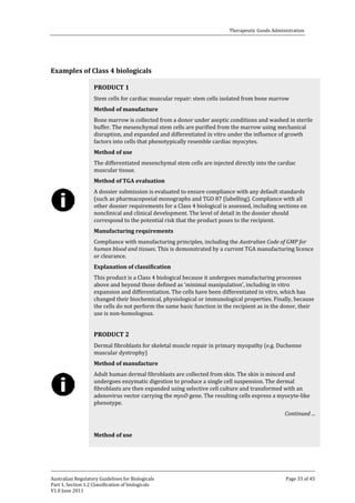 Therapeutic Goods Administration

Examples of Class 4 biologicals
Stem cells for cardiac muscular repair: stem cells isolated from bone marrow

PRODUCT 1

Bone marrow is collected from a donor under aseptic conditions and washed in sterile
buffer. The mesenchymal stem cells are purified from the marrow using mechanical
disruption, and expanded and differentiated in vitro under the influence of growth
factors into cells that phenotypically resemble cardiac myocytes.
Method of manufacture

The differentiated mesenchymal stem cells are injected directly into the cardiac
muscular tissue.
Method of use

A dossier submission is evaluated to ensure compliance with any default standards
(such as pharmacopoeial monographs and TGO 87 (labelling). Compliance with all
other dossier requirements for a Class 4 biological is assessed, including sections on
nonclinical and clinical development. The level of detail in the dossier should
correspond to the potential risk that the product poses to the recipient.
Method of TGA evaluation

Compliance with manufacturing principles, including the Australian Code of GMP for
human blood and tissues. This is demonstrated by a current TGA manufacturing licence
or clearance.
Manufacturing requirements

This product is a Class 4 biological because it undergoes manufacturing processes
above and beyond those defined as ‘minimal manipulation’, including in vitro
expansion and differentiation. The cells have been differentiated in vitro, which has
changed their biochemical, physiological or immunological properties. Finally, because
the cells do not perform the same basic function in the recipient as in the donor, their
use is non-homologous.
Explanation of classification

Dermal fibroblasts for skeletal muscle repair in primary myopathy (e.g. Duchenne
muscular dystrophy)

PRODUCT 2

Adult human dermal fibroblasts are collected from skin. The skin is minced and
undergoes enzymatic digestion to produce a single cell suspension. The dermal
fibroblasts are then expanded using selective cell culture and transformed with an
adenovirus vector carrying the myoD gene. The resulting cells express a myocyte-like
phenotype.
Method of manufacture

Continued ...

Method of use

Australian Regulatory Guidelines for Biologicals
Part 1, Section 1.2 Classification of biologicals
V1.0 June 2011

Page 33 of 45

 