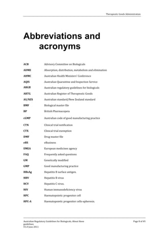 Therapeutic Goods Administration

Abbreviations and
acronyms
ACB
ADME
AHMC
AQIS
ARGB
ARTG
AS/NZS
BMF
BP
cGMP
CTN
CTX
DMF
eBS
EMEA
FAQ
GM
GMP
HBsAg
HBV
HCV
HIV
HPC
HPC-A

Advisory Committee on Biologicals

Absorption, distribution, metabolism and elimination
Australian Health Ministers’ Conference

Australian Quarantine and Inspection Service

Australian regulatory guidelines for biologicals
Australian Register of Therapeutic Goods

Australian standard/New Zealand standard
Biological master file

British Pharmacopeia

Australian code of good manufacturing practice
Clinical trial notification
Clinical trial exemption
Drug master file
eBusiness

European medicines agency
Frequently asked questions
Genetically modified

Good manufacturing practice
Hepatitis B surface antigen.
Hepatitis B virus

Hepatitis C virus.

Human immunodeficiency virus
Haematopoietic progenitor cell

Haematopoietic progenitor cells-apheresis.

Australian Regulatory Guidelines for Biologicals, About these
guidelines
V1.0 June 2011

Page 8 of 45

 