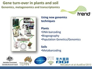 Using new genomics
techniques
Plants
•DNA barcoding
•Biogeography
•Population Genetics/Genomics
Soils
•Metabarcoding
McCallum et al AustEcol 2013
Gene turn-over in plants and soil
Genomics, metagenomics and transcriptomics
 