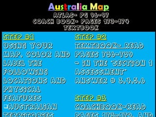 Australia Map
Atlas- pg 96-97
Coach book- pages 173-174
Textbook
Step #1Step #1
Using yourUsing your
map, color andmap, color and
label thelabel the
followingfollowing
locations andlocations and
physicalphysical
featuresfeatures
AustralianAustralian
Territories
Step #2Step #2
Textbook-Textbook- ReadRead
pages 736-739pages 736-739
- In the Section 1“- In the Section 1“
Assessment”Assessment”
answer # 3,4,5,6answer # 3,4,5,6
Step #3Step #3
CoachbookCoachbook -Read-Read
pages 173-179, and
 