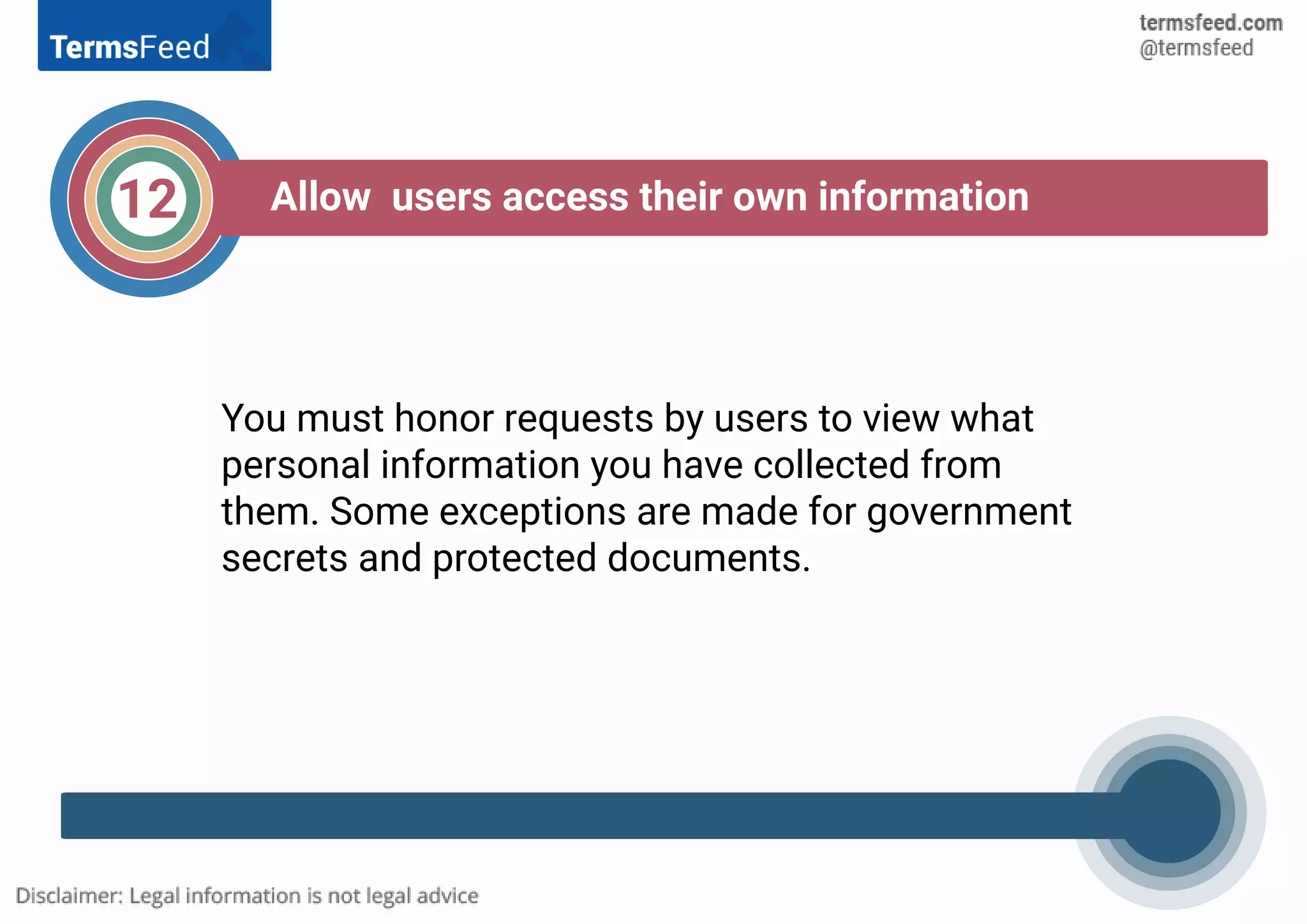 You must honor requests by users to view what
personal information you have collected from
them. Some exceptions are made for government
secrets and protected documents.
12 Allow users access their own information
 