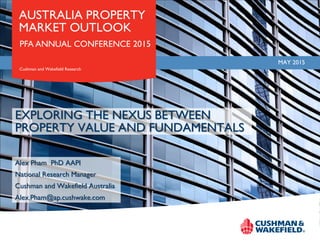 MAY 2015
AUSTRALIA PROPERTY
MARKET OUTLOOK
Cushman and Wakefield Research
PFA ANNUAL CONFERENCE 2015
EXPLORING THE NEXUS BETWEEN
PROPERTY VALUE AND FUNDAMENTALS
Alex Pham PhD AAPI
National Research Manager
Cushman and Wakefield Australia
Alex.Pham@ap.cushwake.com
 