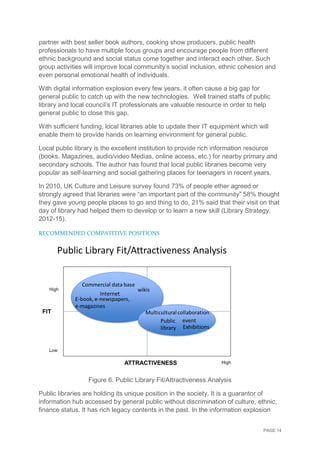 PAGE 14
partner with best seller book authors, cooking show producers, public health
professionals to have multiple focus groups and encourage people from different
ethnic background and social status come together and interact each other. Such
group activities will improve local community’s social inclusion, ethnic cohesion and
even personal emotional health of individuals.
With digital information explosion every few years, it often cause a big gap for
general public to catch up with the new technologies. Well trained staffs of public
library and local council’s IT professionals are valuable resource in order to help
general public to close this gap.
With sufficient funding, local libraries able to update their IT equipment which will
enable them to provide hands on learning environment for general public.
Local public library is the excellent institution to provide rich information resource
(books. Magazines, audio/video Medias, online access, etc.) for nearby primary and
secondary schools. The author has found that local public libraries become very
popular as self-learning and social gathering places for teenagers in recent years.
In 2010, UK Culture and Leisure survey found 73% of people ether agreed or
strongly agreed that libraries were “an important part of the community” 58% thought
they gave young people places to go and thing to do, 21% said that their visit on that
day of library had helped them to develop or to learn a new skill (Library Strategy,
2012-15).
RECOMMENDED COMPATITIVE POSITIONS
Figure 6. Public Library Fit/Attractiveness Analysis
Public libraries are holding its unique position in the society. It is a guarantor of
information hub accessed by general public without discrimination of culture, ethnic,
finance status. It has rich legacy contents in the past. In the information explosion
 