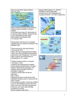 Record snow fall for Mount Hotham               Quake of M7.0 (M5.2,5.1) - SOUTH
Aug. 24, 2010                                   ISLAND OF NEW ZEALAND
                                                (Christchurch), 2010 September 03;
                                                Location:43.530°S, 172.120°E ;Depth:5km.




Mount Hotham(Victoria) has recorded its
highest August snowfalls in almost a
decade.
In the past seven days 51 centimetres of
snow have been recorded, taking the tally
to 142 centimetres for the month.
Wild weather hits Adelaide Hills
Thu Aug 26, 2010

Strong winds and heavy rain overnight
toppled trees and caused a landslide in the
Adelaide Hills.

Flood warning for north-east Victoria
 Sun Aug 29, 2010
Heavy rain has caused significant stream
rises in the Ovens, Buffalo and King River
catchments near Wangaratta. The Ovens
River is above minor flood levels at
Wangaratta at 12.1 metres.

Coldest Canberra winter in a decade
 Tue Aug 31, 2010
Canberra has experienced its coldest
winter daytime temperatures in 10 years.
Daytime temperatures averaged 12.6
degrees while overnight minimums
averaged 2 degrees.
Victoria on flood watch as storms
approach
Sep. 3,2010
Approaching storms could be the most
significant weather event in Victoria for the
past 15 years.
A low-pressure system could bring rainfalls
of up to 150 millimetres across the north-
west, north and north-east overnight and
tomorrow, and could cause flooding
problems for months.
South Australia: Gale Force


                                                                                     1
 