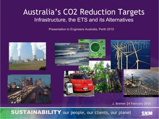 Australia’s CO2 Reduction Targets
         Infrastructure, the ETS and its Alternatives
               Presentation to Engineers Australia, Perth 2010




                                                            J. Bremer 24 February 2010


SUSTAINABILITY our people, our clients, our planet
               SKM Sustainability Group
 