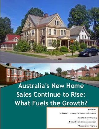Australia's New Home
Sales Continue to Rise:
What Fuels the Growth?
Modeina
Address: 114-124 Rockbank Middle Road
BURNSIDE VIC 3023
E-mail: info@modeina.com.au
Phone: 1300 724 723
 
