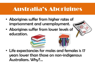• Aborigines suffer from higher rates of
imprisonment and unemployment.
• Aborigines suffer from lower levels of
education.
• Life expectancies for males and females is 17
years lower than those on non-indigenous
Australians. Why?...
Australia’s Aborigines
 