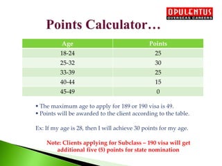 Age Points
18-24 25
25-32 30
33-39 25
40-44 15
45-49 0
 The maximum age to apply for 189 or 190 visa is 49.
 Points will be awarded to the client according to the table.
Ex: If my age is 28, then I will achieve 30 points for my age.
Note: Clients applying for Subclass – 190 visa will get
additional five (5) points for state nomination
 