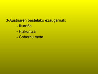3-Austriaren bestelako ezaugarriak:
      - Ikurriña
      - Hizkuntza
      - Gobernu mota
 