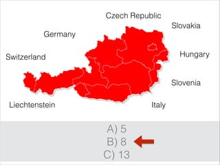 Czech Republic
Slovakia
Germany
Hungary
Switzerland
Slovenia
Liechtenstein
Italy
A) 5
B) 8
C) 13