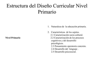 Estructura del Diseño Curricular Nivel
Primario
Nivel Primario
1. Naturaleza de la educación primaria.
2. Características de los sujetos.
2.1 Caracterización socio-cultural.
2.2 Caracterización de los procesos
cognitivos y del desarrollo
psicológicos.
2.3 Pensamiento operatorio concreto.
2.4 Desarrollo del lenguaje .
2.5 Desarrollo psicosocial.
 