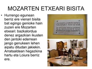 MOZARTEN ETXEARI BISITA Hurrengo egunean   berriz ere vienari bisita bat egingo genioke hain zuzen ere Mozarten etxeari: bazkalordua denez argazkian ikusten den jantoki ederrean jango genukeen lehen aipatu ditudan jakiekin. Arratsaldean hegazkina hartu eta Loiura berriz ere.  