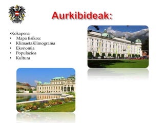 •Kokapena
• Mapa fisikoa:
• KlimaetaKlimograma
• Ekonomia
• Populazioa
• Kultura
 