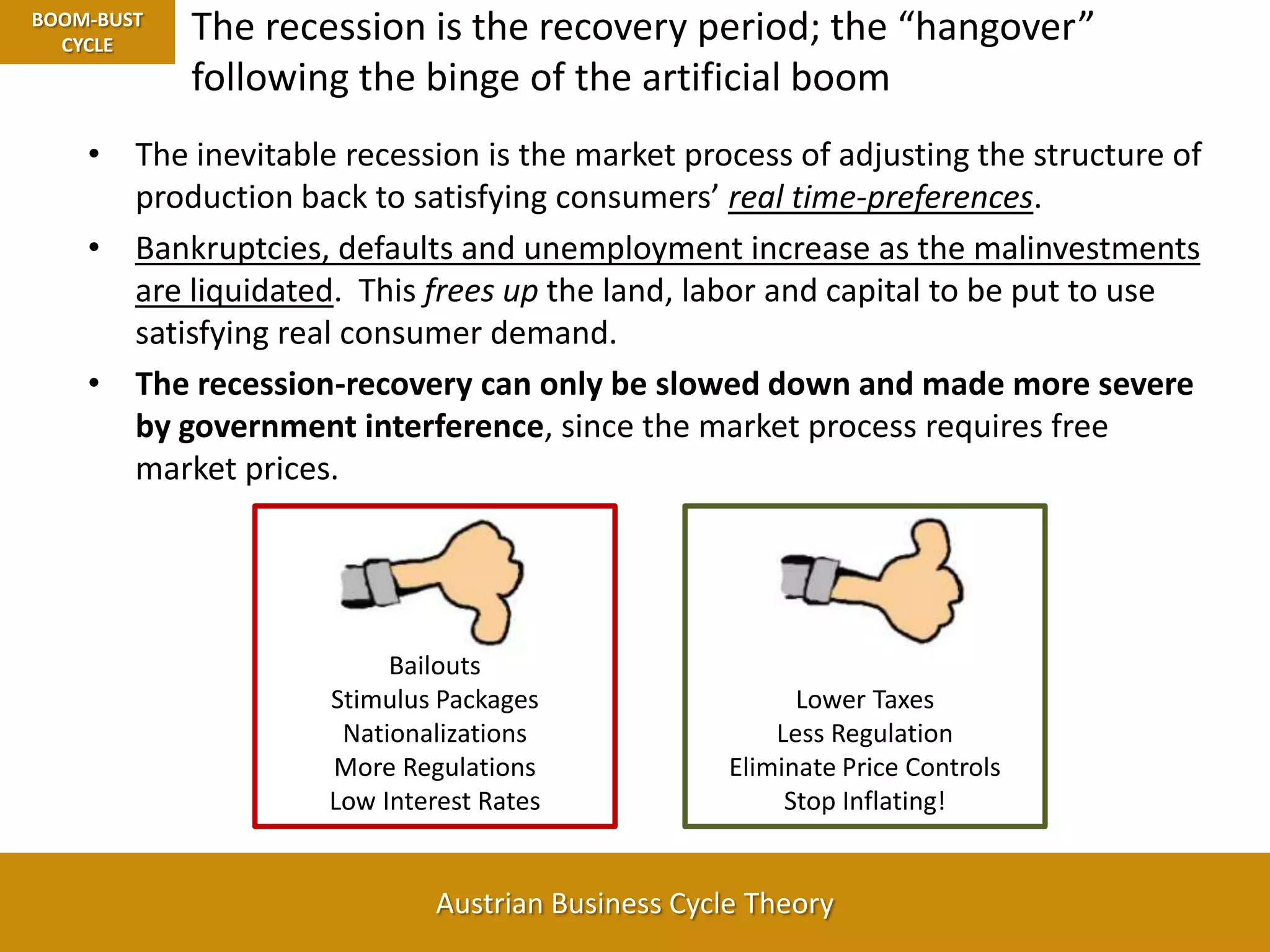 BOOM-BUST CYCLEThe recession is the recovery period; the “hangover” following the binge of the artificial boomThe inevitable recession is the market process of adjusting the structure of production back to satisfying consumers’ real time-preferences.  Bankruptcies, defaults and unemployment increase as the malinvestments are liquidated.  This frees up the land, labor and capital to be put to use satisfying real consumer demand.  The recession-recovery can only be slowed down and made more severe by government interference, since the market process requires free market prices.BailoutsStimulus PackagesNationalizationsMore RegulationsLow Interest RatesLower TaxesLess RegulationEliminate Price ControlsStop Inflating!