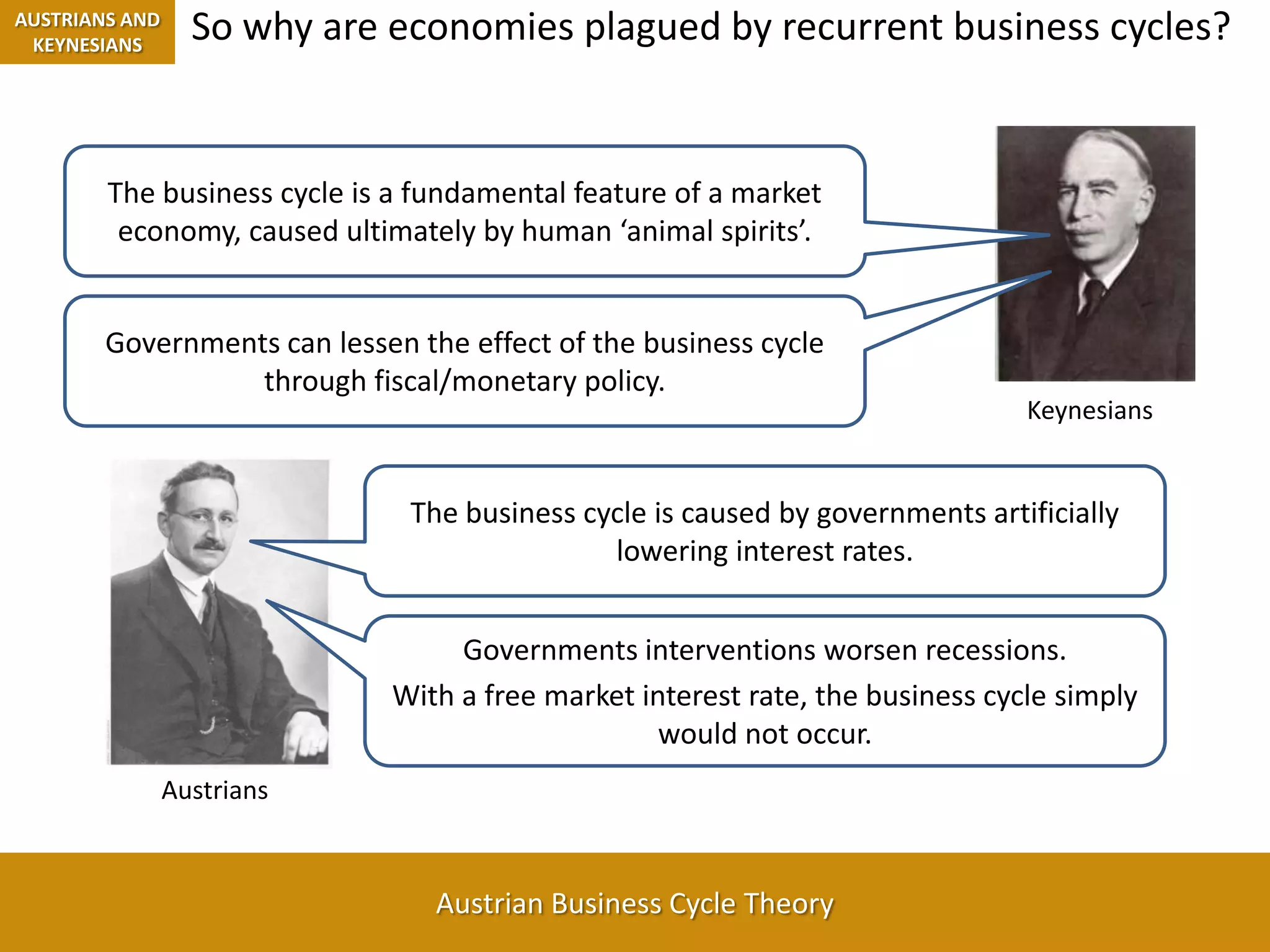 So why are economies plagued by recurrent business cycles?AUSTRIANS AND KEYNESIANSThe business cycle is a fundamental feature of a market economy, caused ultimately by human ‘animal spirits’.Governments can lessen the effect of the business cycle through fiscal/monetary policy.KeynesiansThe business cycle is caused by governments artificially lowering interest rates.Governments interventions worsen recessions.  With a free market interest rate, the business cycle simply would not occur. Austrians