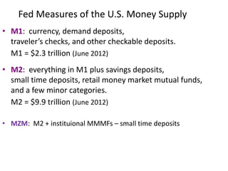 Fed Measures of the U.S. Money Supply
• M1: currency, demand deposits,
traveler’s checks, and other checkable deposits.
M1 = $2.3 trillion (June 2012)
• M2: everything in M1 plus savings deposits,
small time deposits, retail money market mutual funds,
and a few minor categories.
M2 = $9.9 trillion (June 2012)
• MZM: M2 + instituional MMMFs – small time deposits
 