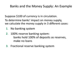 Banks and the Money Supply: An Example
Suppose $100 of currency is in circulation.
To determine banks’ impact on money supply,
we calculate the money supply in 3 different cases:
1. No banking system
2. 100% reserve banking system:
banks hold 100% of deposits as reserves,
make no loans
3. Fractional reserve banking system
 