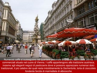 Numerosi caffè si susseguono nel quartiere pedonale di Graben, fulcro delle attività
commerciali situato nel cuore di Vienna. I caffè appartengono alla tradizione austriaca,
insieme agli eleganti negozi di pasticceria dove si possono apprezzare numerosi dolci
tradizionali, il più celebre dei quali resta indubbiamente la Sachertorte, torta di cioccolato
fondente farcita di marmellata di albicocche
 