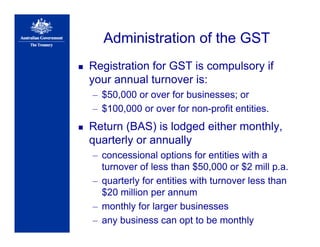 Administration of the GST
Registration for GST is compulsory if
your annual turnover is:
– $50,000 or over for businesses; or
– $100,000 or over for non-profit entities.
Return (BAS) is lodged either monthly,
quarterly or annually
– concessional options for entities with a
turnover of less than $50,000 or $2 mill p.a.
– quarterly for entities with turnover less than
$20 million per annum
– monthly for larger businesses
– any business can opt to be monthly
 