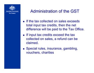 Administration of the GST
If the tax collected on sales exceeds
total input tax credits, then the net
difference will be paid to the Tax Office.
If input tax credits exceed the tax
collected on sales, a refund can be
claimed.
Special rules, insurance, gambling,
vouchers, charities
 