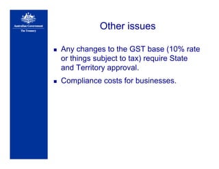 Other issues
Any changes to the GST base (10% rate
or things subject to tax) require State
and Territory approval.
Compliance costs for businesses.
 