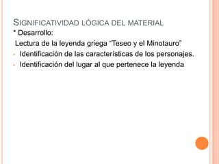 SIGNIFICATIVIDAD LÓGICA DEL MATERIAL
* Desarrollo:
 Lectura de la leyenda griega “Teseo y el Minotauro”
• Identificación de las características de los personajes.

• Identificación del lugar al que pertenece la leyenda
 