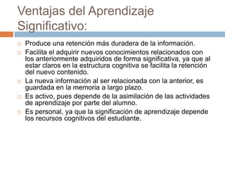Ventajas del Aprendizaje
Significativo:









Produce una retención más duradera de la información.
Facilita el adquirir nuevos conocimientos relacionados con
los anteriormente adquiridos de forma significativa, ya que al
estar claros en la estructura cognitiva se facilita la retención
del nuevo contenido.
La nueva información al ser relacionada con la anterior, es
guardada en la memoria a largo plazo.
Es activo, pues depende de la asimilación de las actividades
de aprendizaje por parte del alumno.
Es personal, ya que la significación de aprendizaje depende
los recursos cognitivos del estudiante.

 